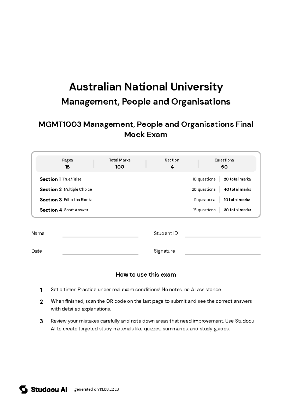MGMT1003 Management Final Mock Exam - Studocu