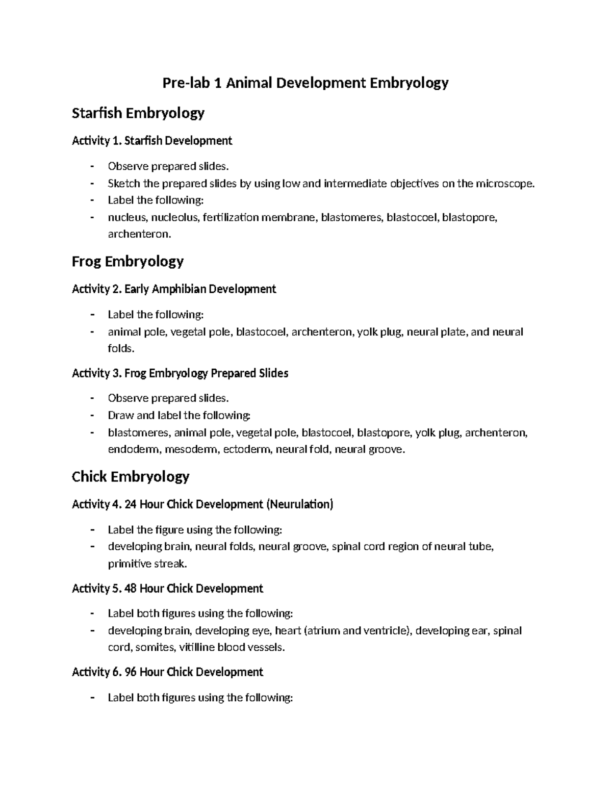 Document 1 - pre lab - Pre-lab 1 Animal Development Embryology Starfish ...