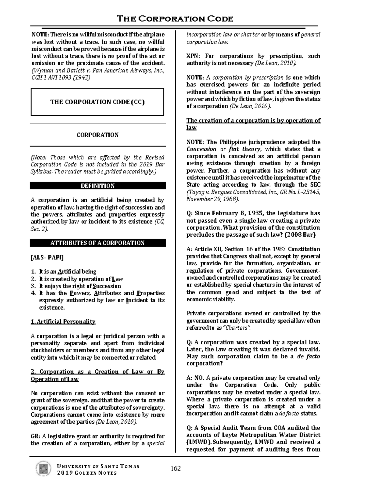Corpo UST 2019 - Notes - The Corporation Code 162 U N I V E R S I T Y O ...