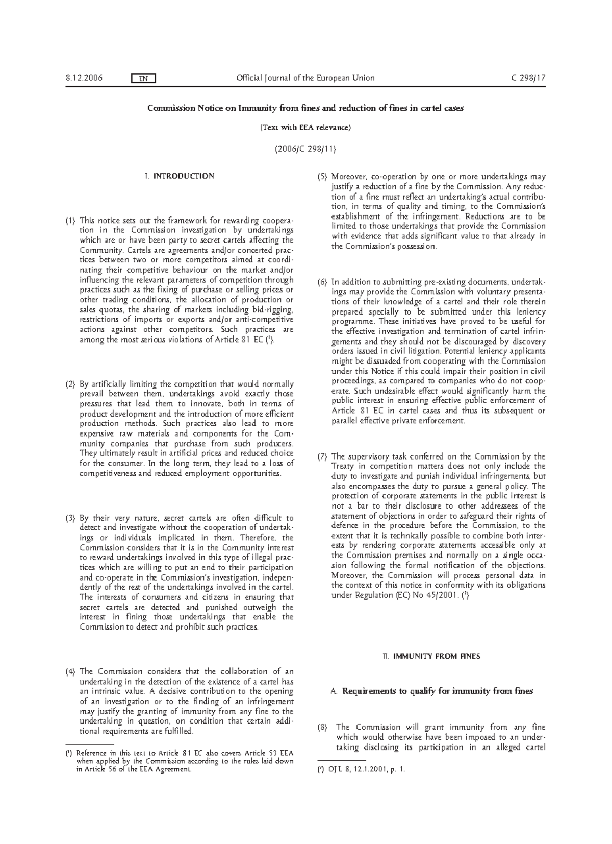 Commission Notice on Immunity and Fine Reduction in Cartel Cases ...