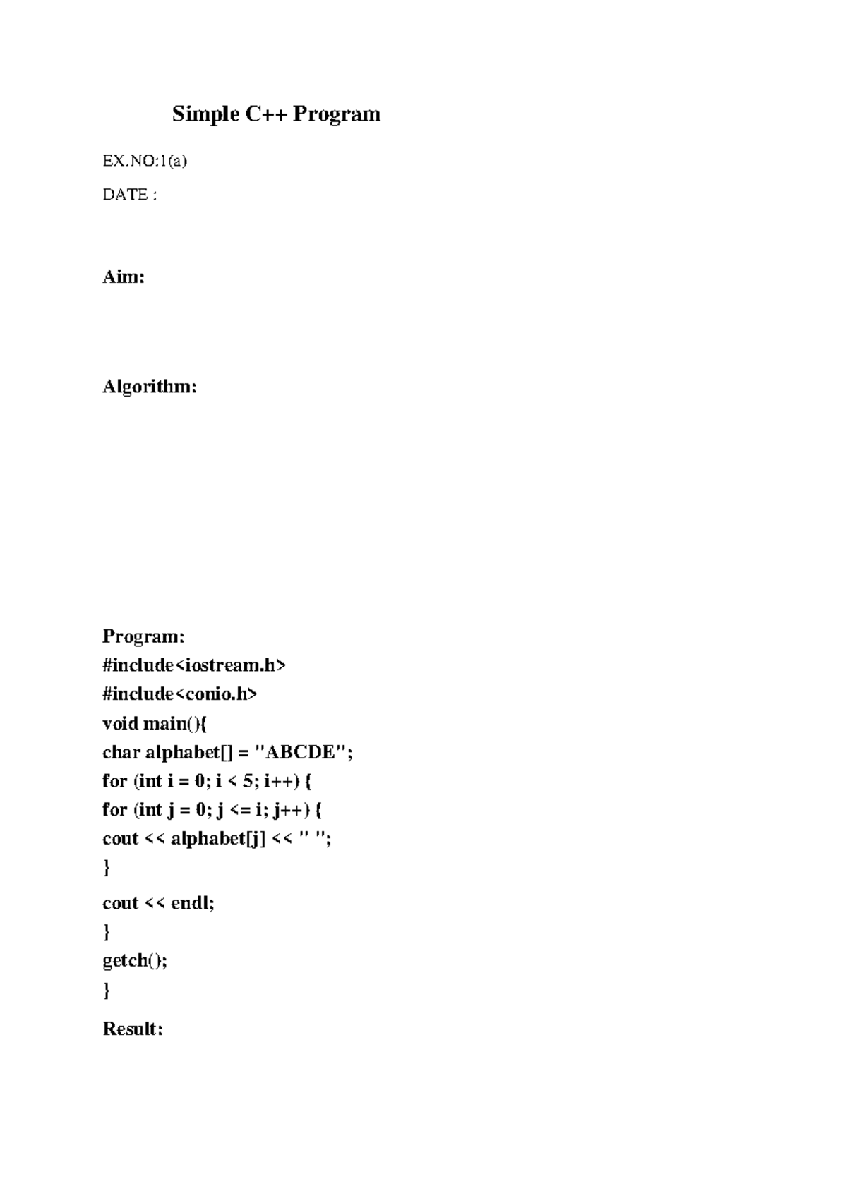 C++lab manual - Help full - Simple C++ Program EX:1(a) DATE : Aim ...