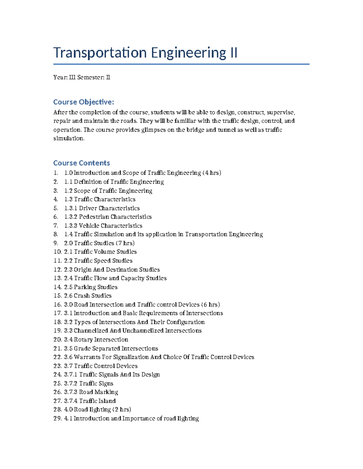 Transportation Engineering II Syllabus: Course Overview & Content - Studocu