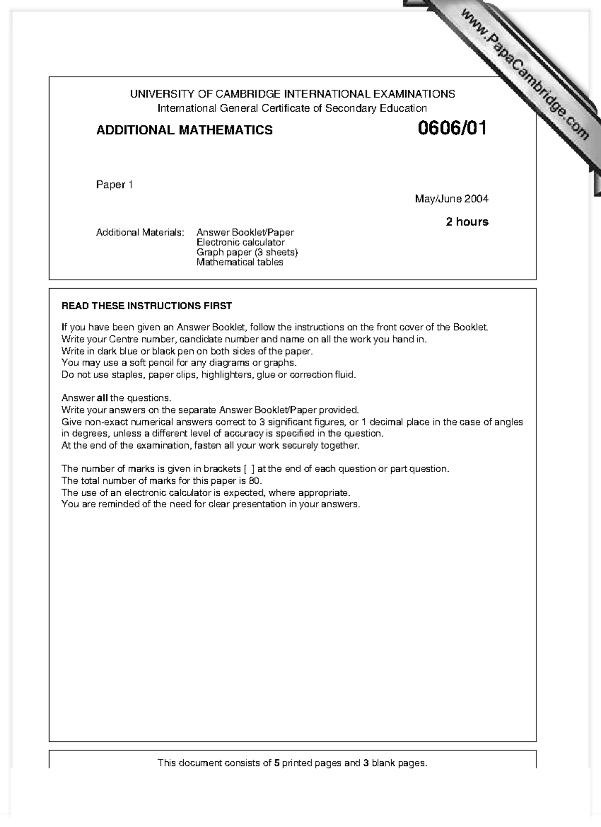 0606 S04 QP 1 - Additional Mathematics Paper 1 Exam Questions - Studocu