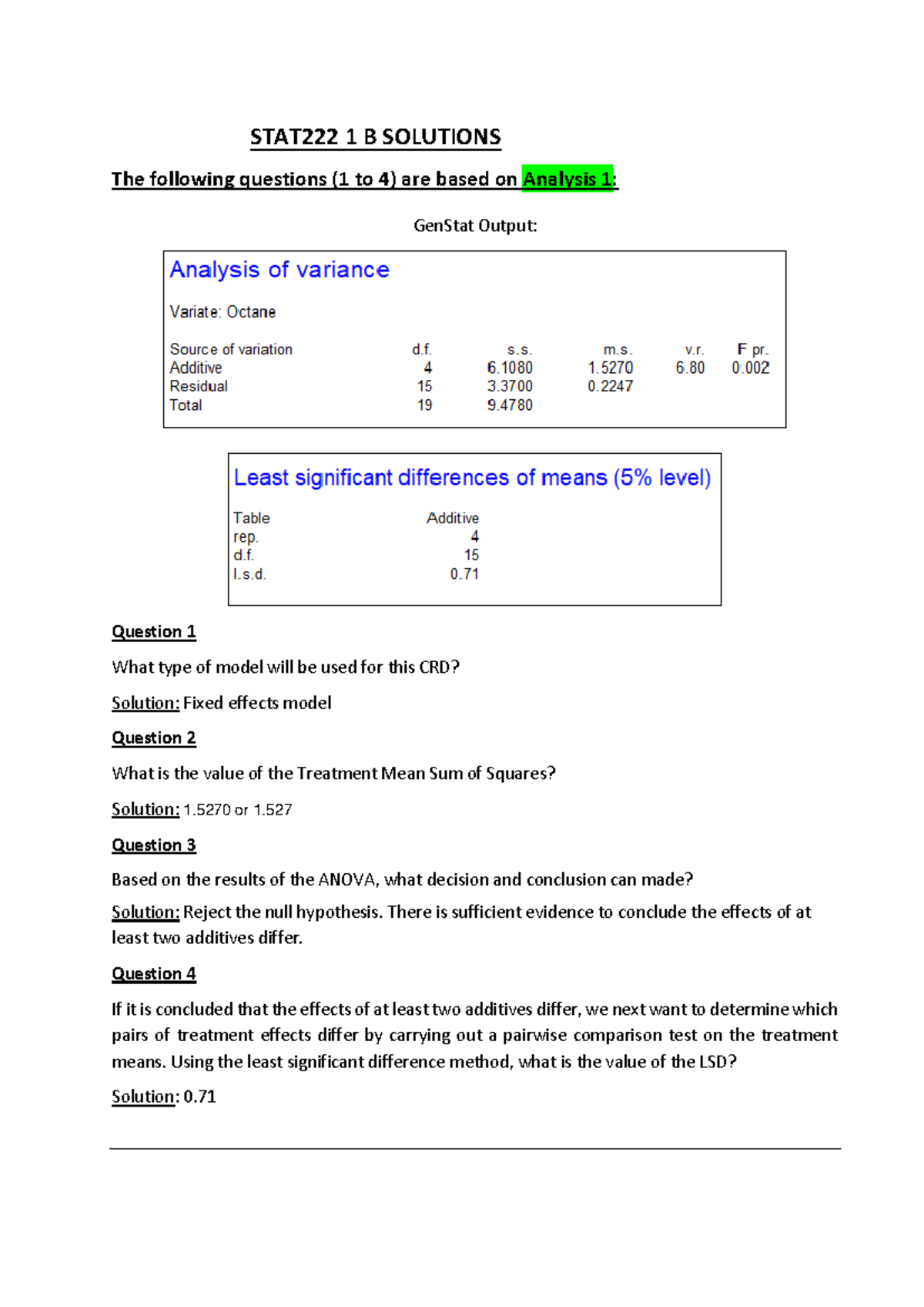 Pracs 1B Solutions: Analysis 1 & 2 GenStat Output Insights - Studocu