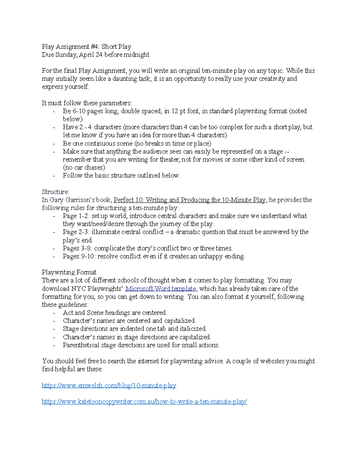 Play Assignment #4: Writing a Ten-Minute Play (Due April 24) - Studocu