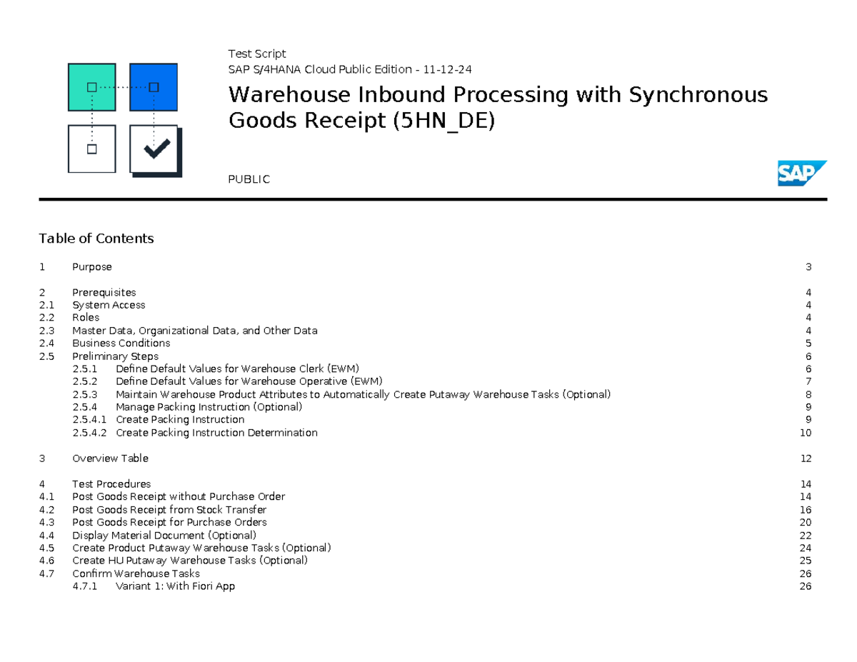 Test Script for SAP Cloud EWM Inbound Processing & Goods Receipt (5HN ...