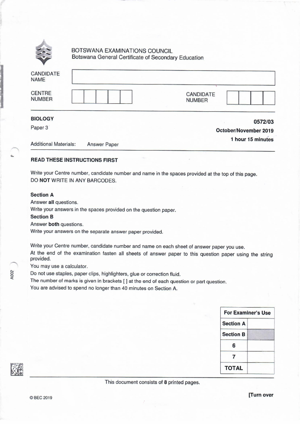 BIO 2019 Paper 3 - Biology Exam Questions and Instructions - Studocu