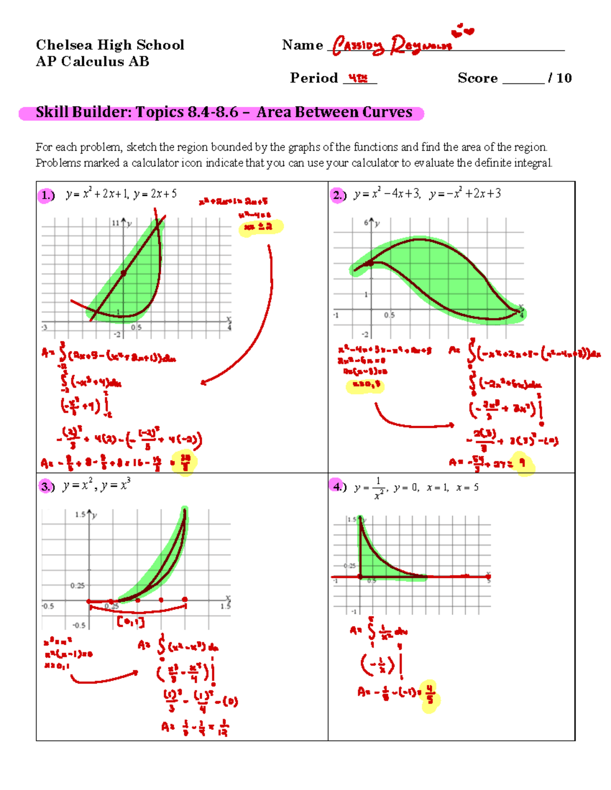 AP Calculus AB - Skill Builder 8: Area Between Curves Homework - Studocu