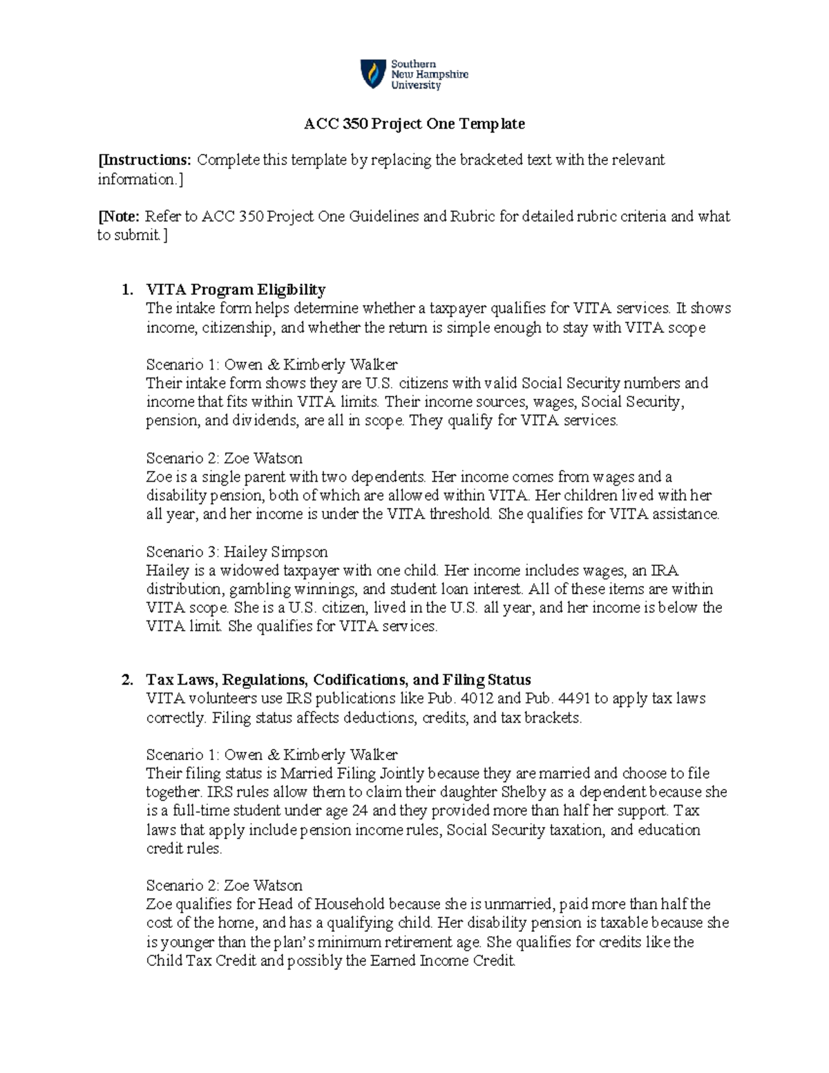 ACC 350 Project One: VITA Program Eligibility and Tax Scenarios - Studocu