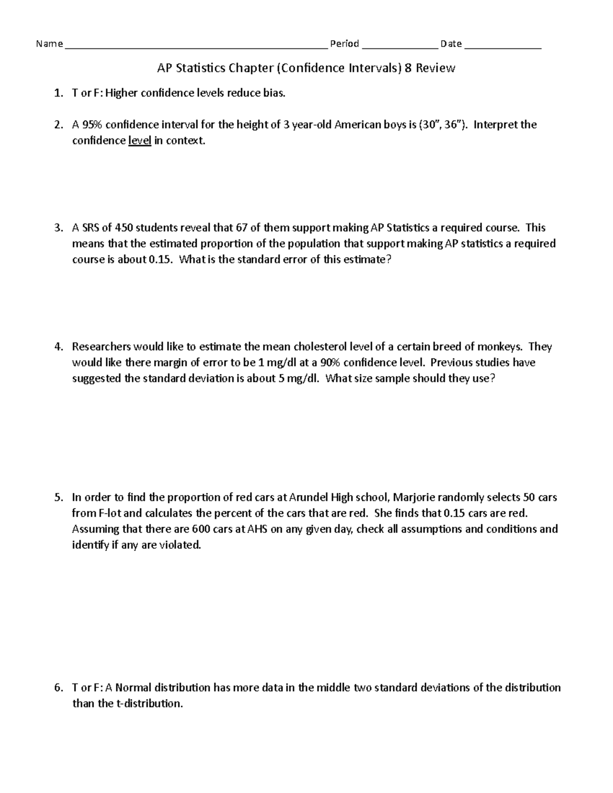 AP Statistics CH8 Review: Confidence Intervals & Key Concepts - Studocu