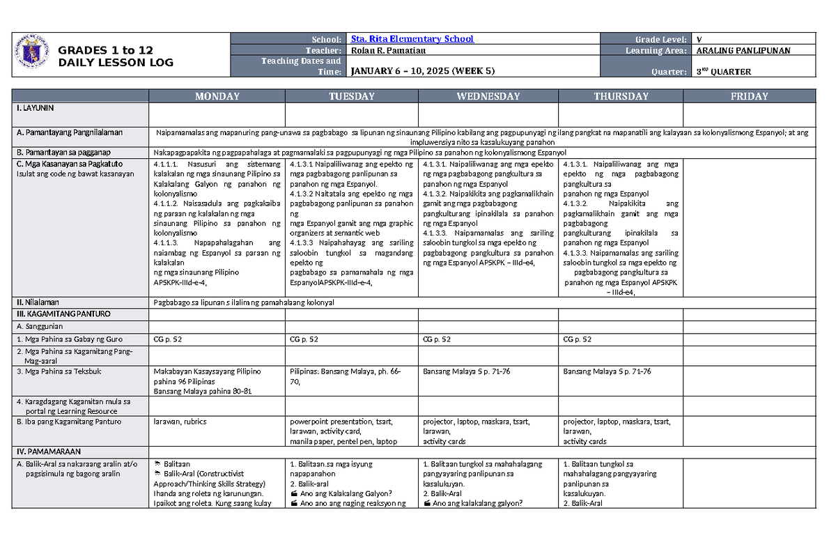 DLL Araling Panlipunan 5 Q3 W5 - GRADES 1 to 12 DAILY LESSON LOG School ...