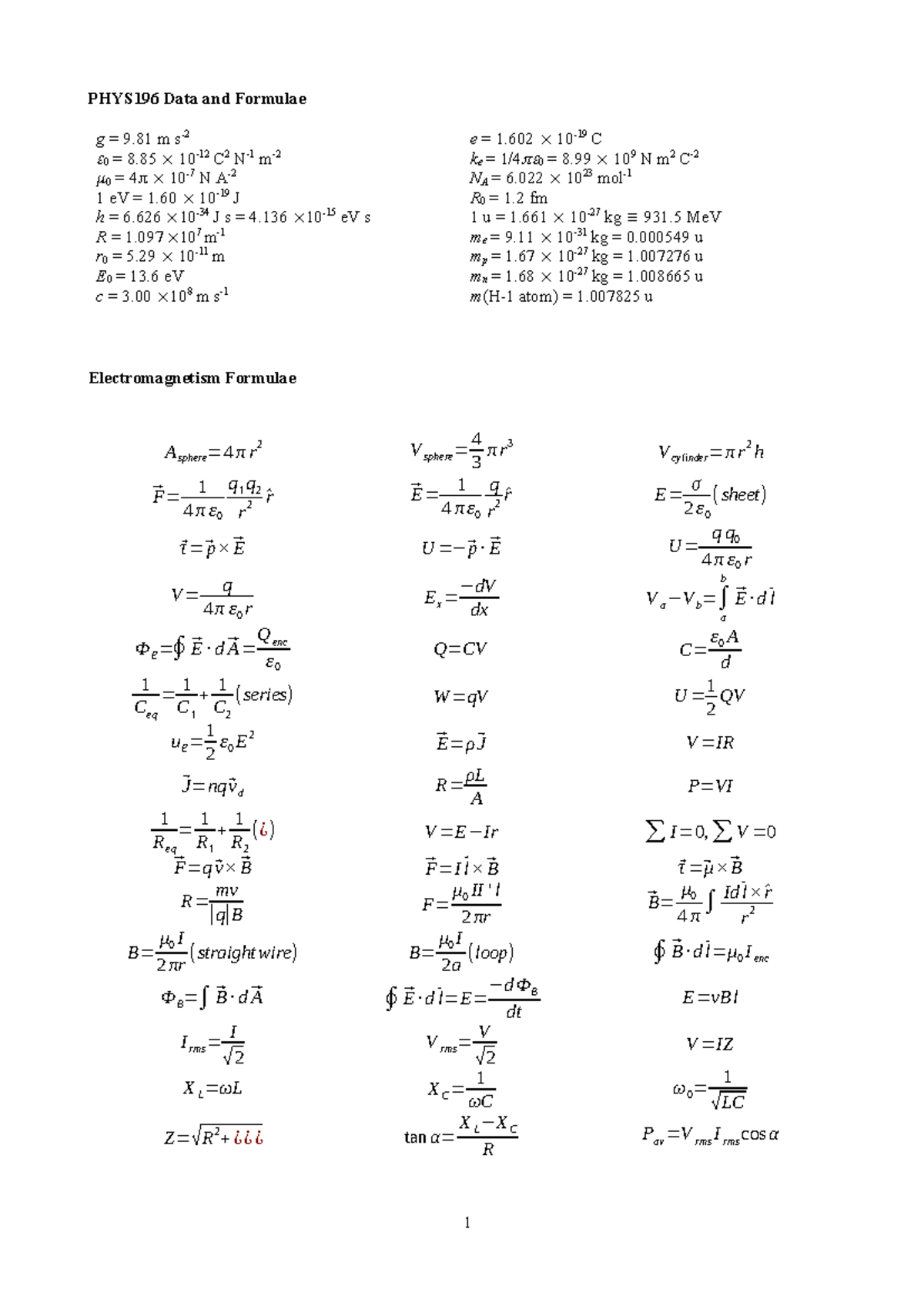 PHYS196 Electromagnetism Data Sheet and Formulae Guide - Studocu