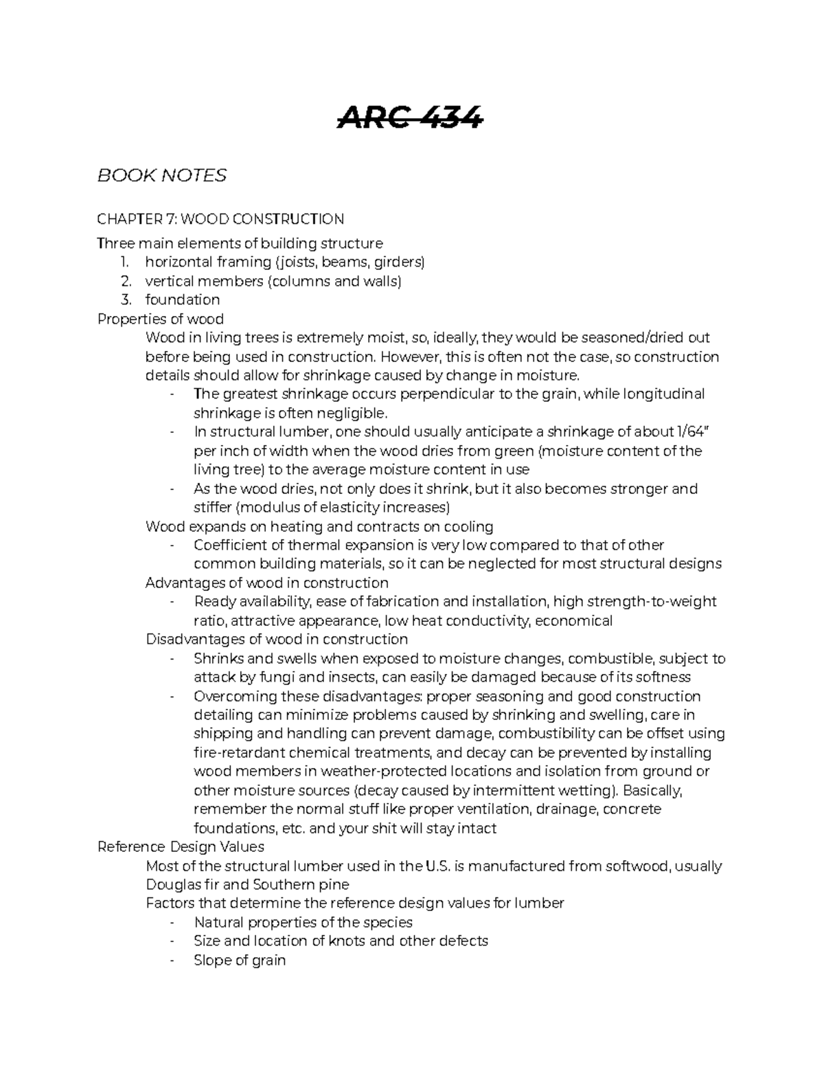 ARC 434 Quiz 2 Study Guide: Wood & Concrete Construction Notes - Studocu