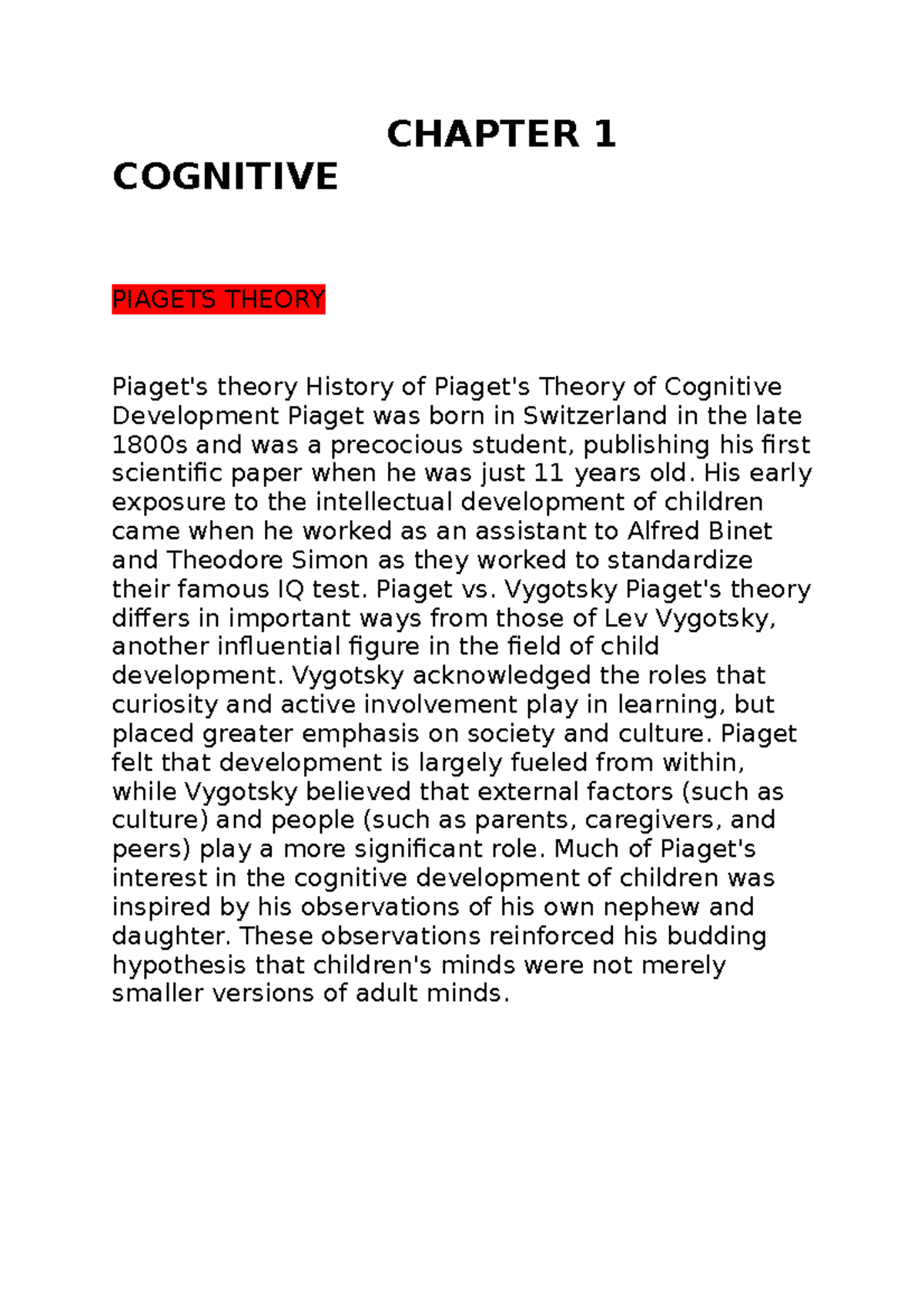Final ped - FTE5T34 - CHAPTER 1 COGNITIVE PIAGETS THEORY Piaget's ...