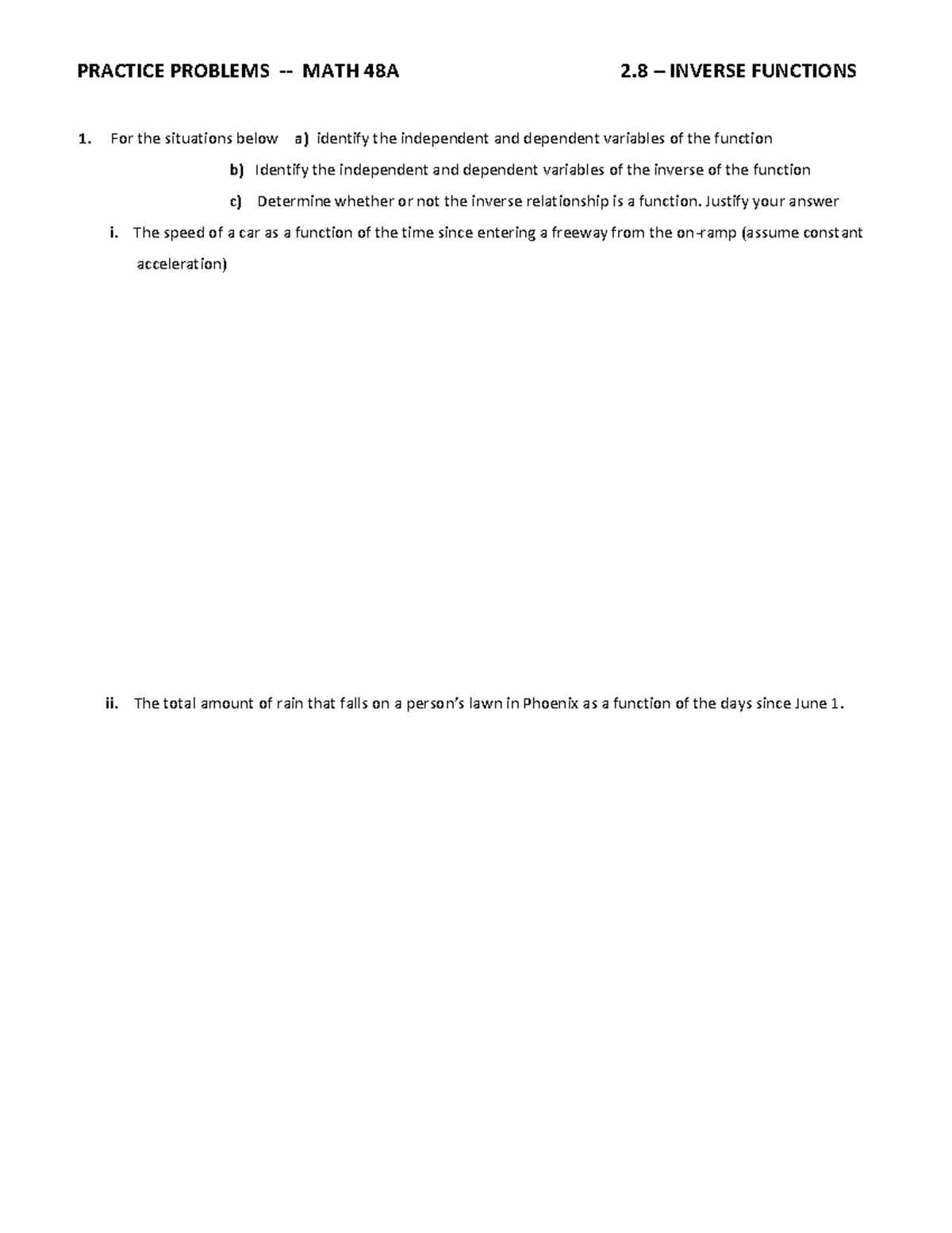 Practice Problems: Inverse Functions for MATH 48A - Studocu
