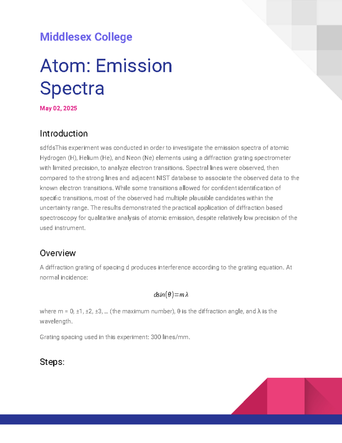 Middlesex College PHYS 101: Emission Spectra Analysis Guide - Studocu