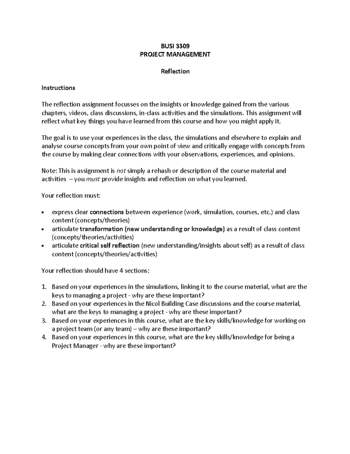 Busi 3309 project management reflection on course insights and ...