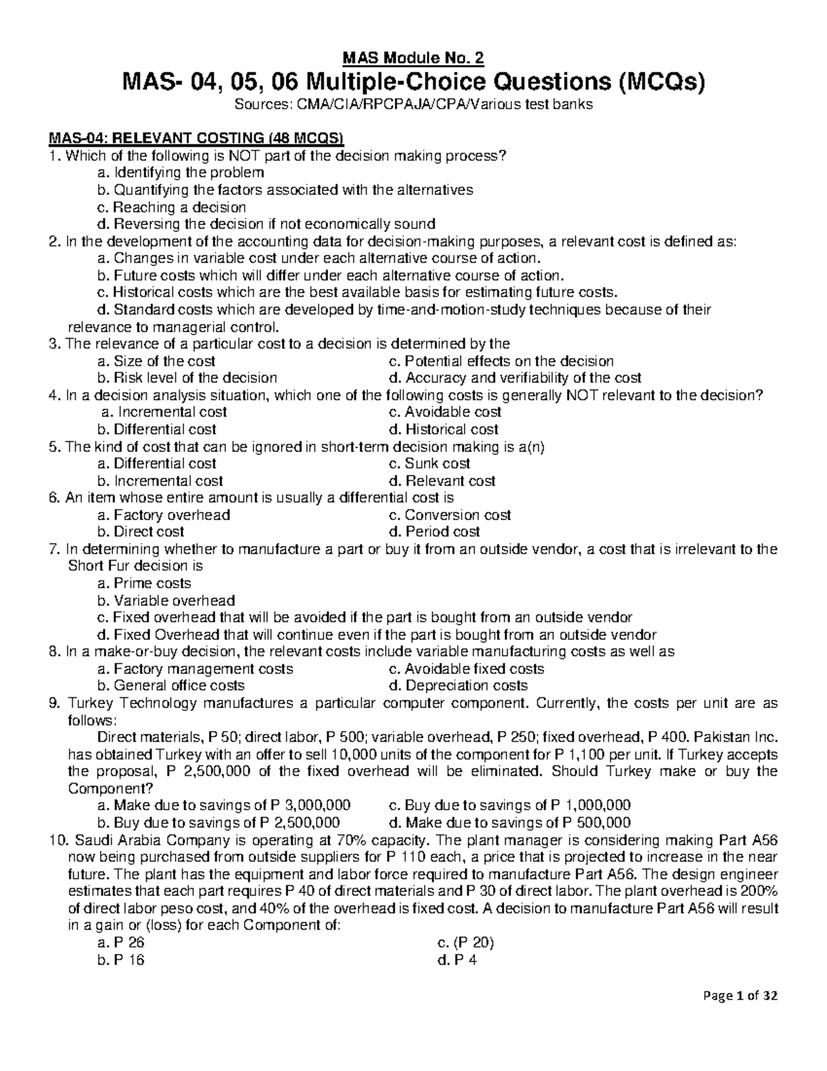 MAS Module 2: Relevant Costing MCQs and Solutions (Test Banks) - Studocu