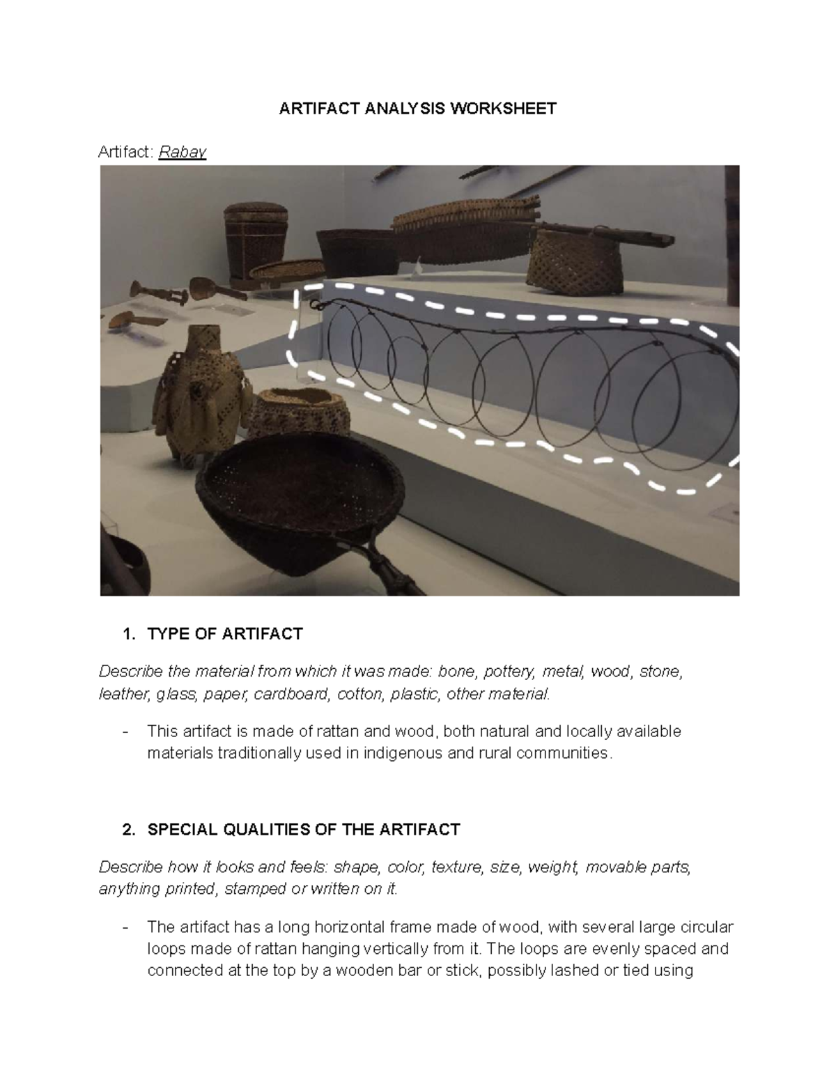 Artifact Analysis Worksheet: Rabay Trap Insights - Studocu