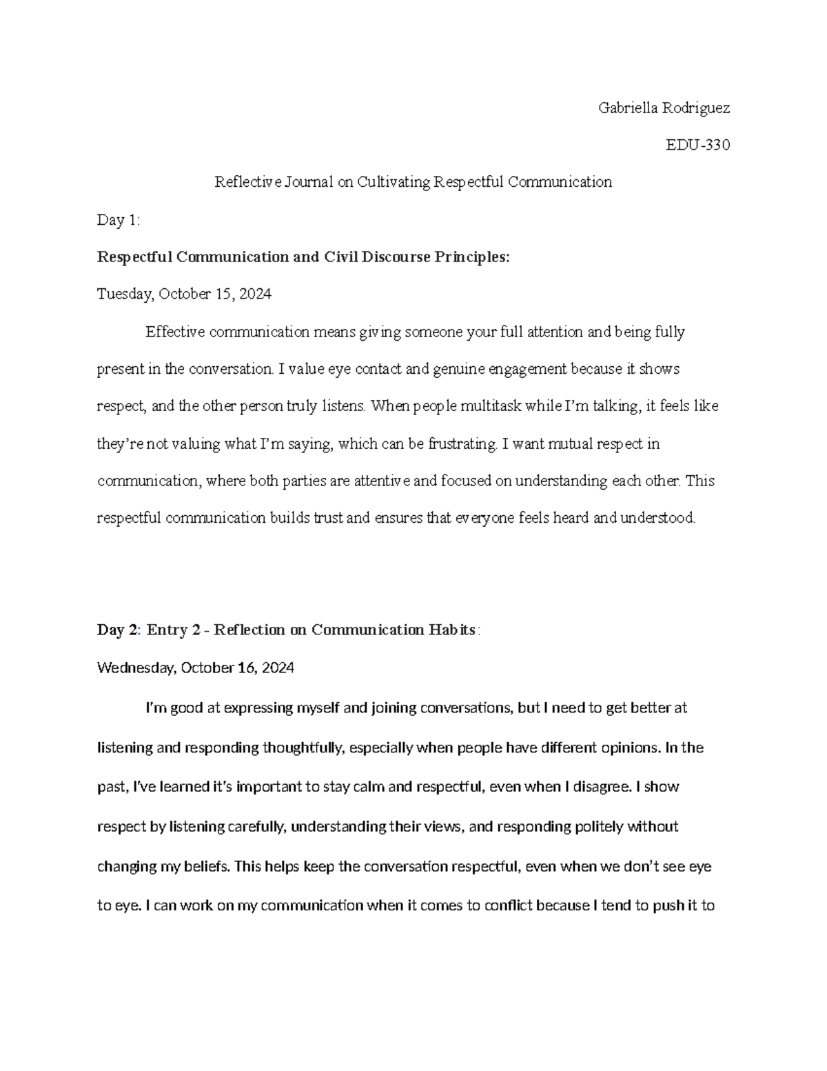 EDU Reflective Journal on Respectful Communication Practices - Studocu