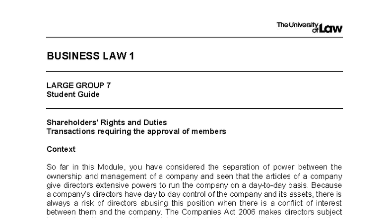 BUSINESS LAW 1 LG07 Student Guide: Directors' Transactions & Approval ...