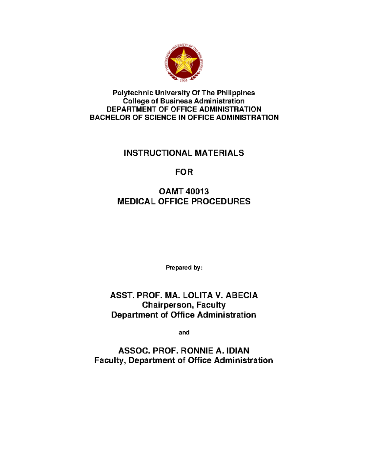 OAMT 40013 Medical Office Procedures Course Overview and Materials - Document Preview