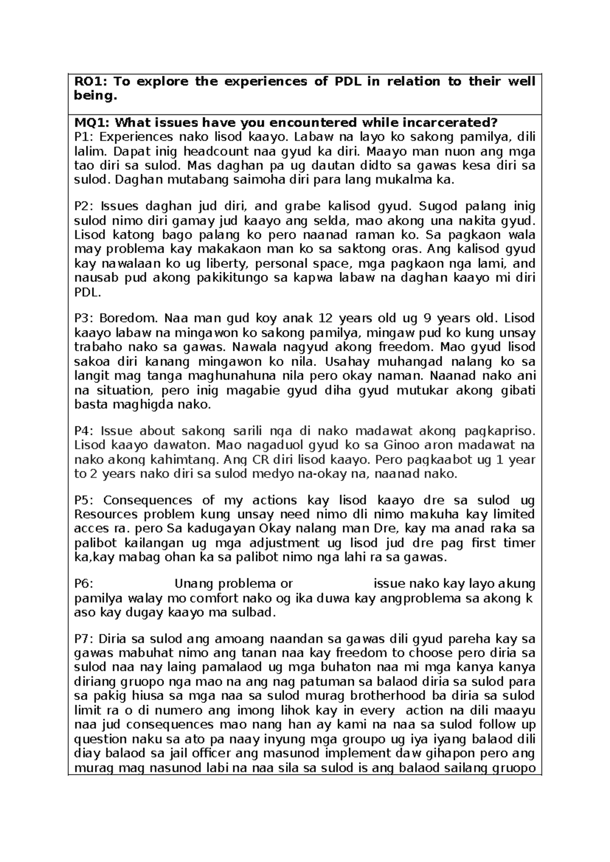 RO1: Experiences of PDL on Well-Being During Incarceration - Studocu