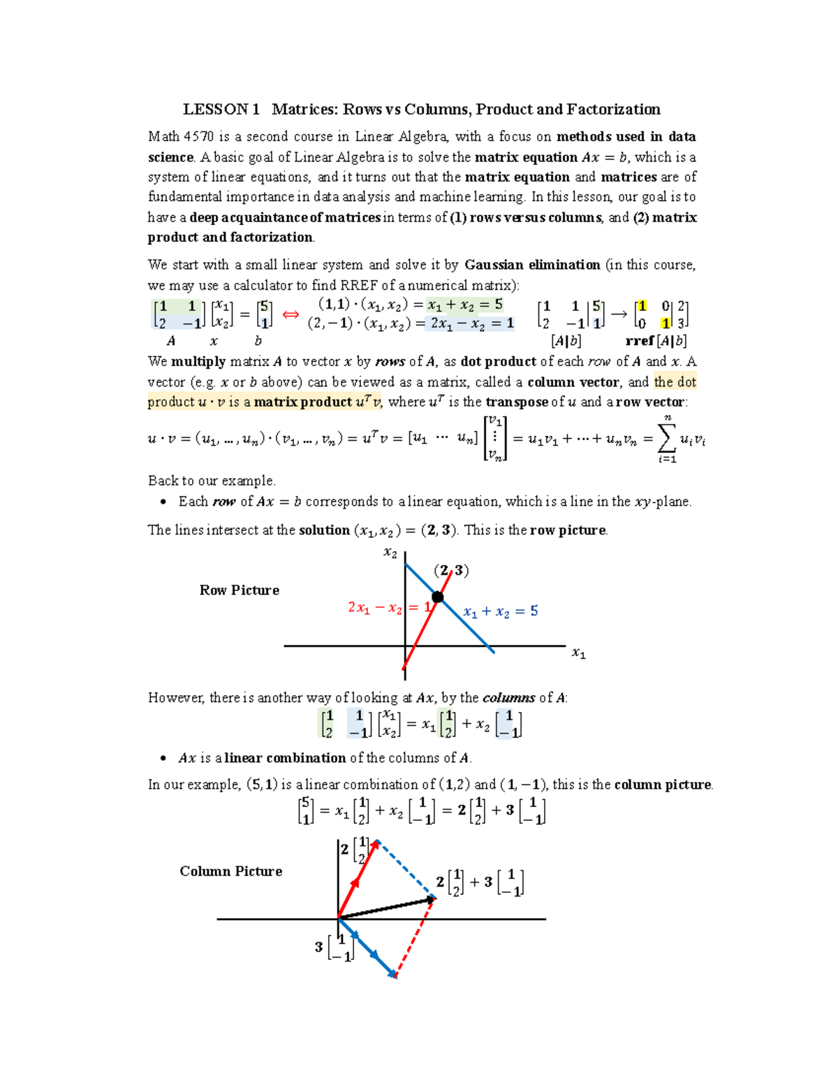 Math 4570 Lesson 1: Vectors, Matrices, and Product Concepts - Studocu