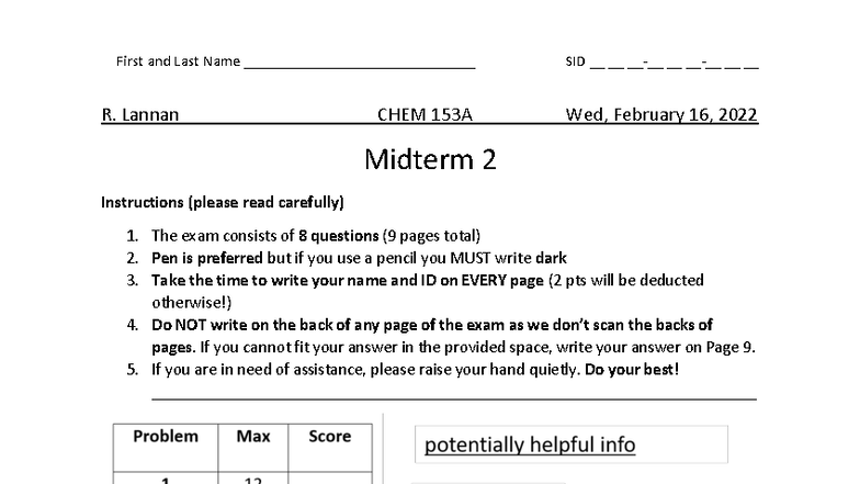 CHEM 153A Midterm 2 Practice Exam Instructions and Questions - Studocu