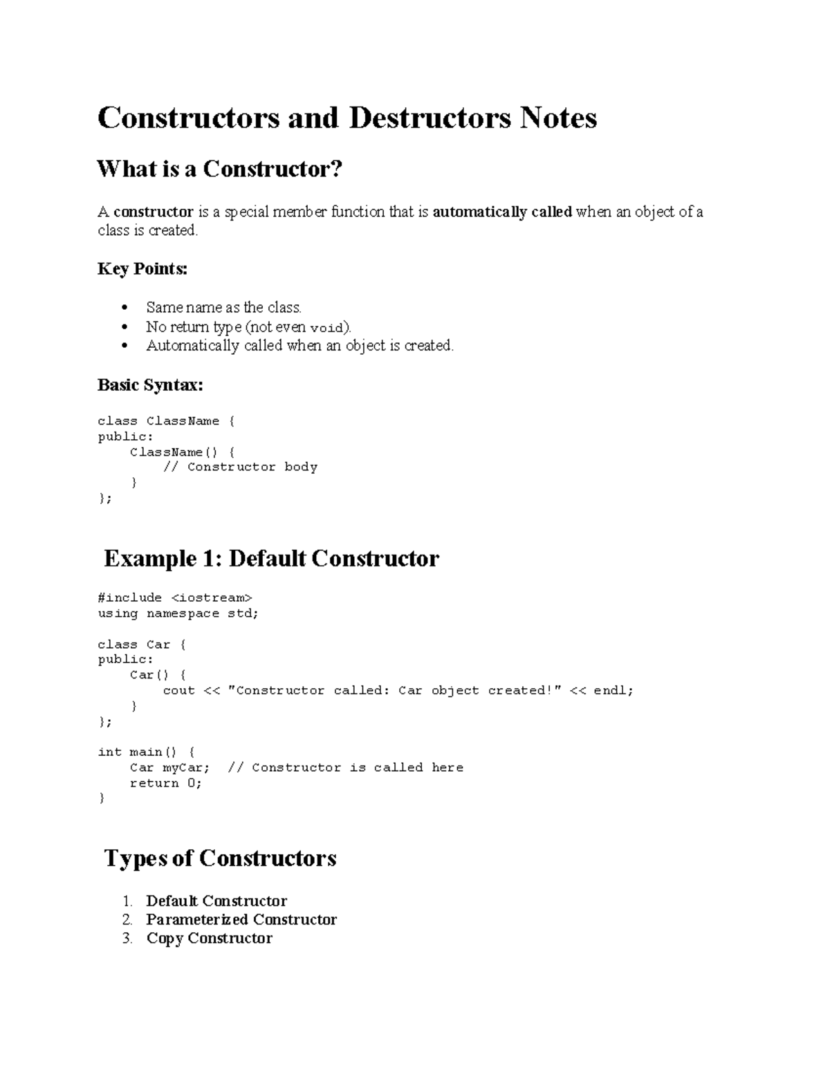 Constructors and Destructors Notes: Key Concepts and Examples - Studocu
