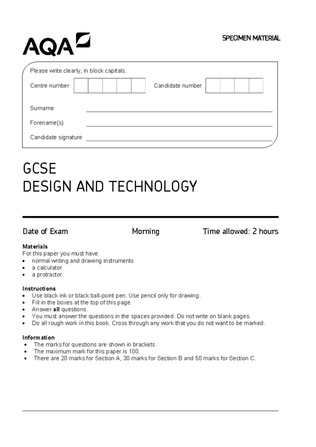 GCSE Design & Technology Paper 1 - Sample Set 1 (2019) - Studocu