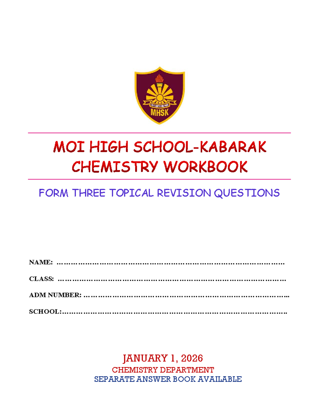 Chemistry Workbook Form Three 2026: Topical Revision Questions - Studocu
