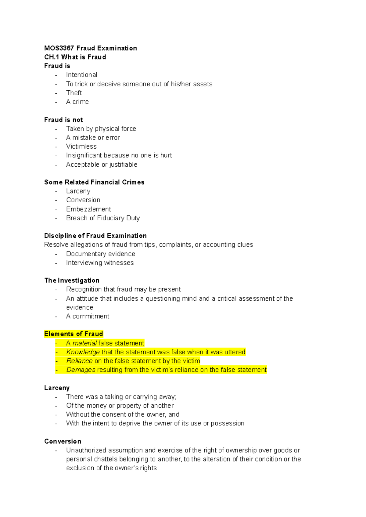 MOS3367 Fraud Examination CH. 2 Key Concepts and Investigative ...
