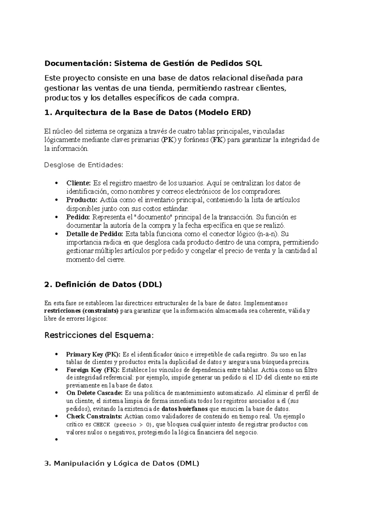 Documentación: Sistema de Gestión de Pedidos SQL - Proyecto Final - Studocu