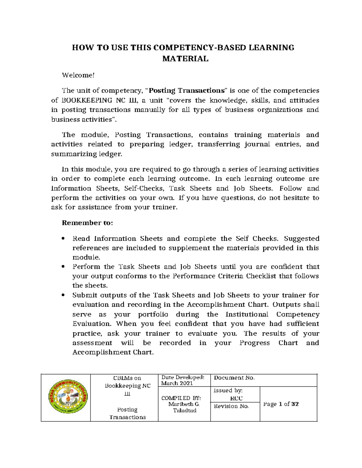 CBLMs on Bookkeeping NC III: Posting Transactions Guide - Studocu