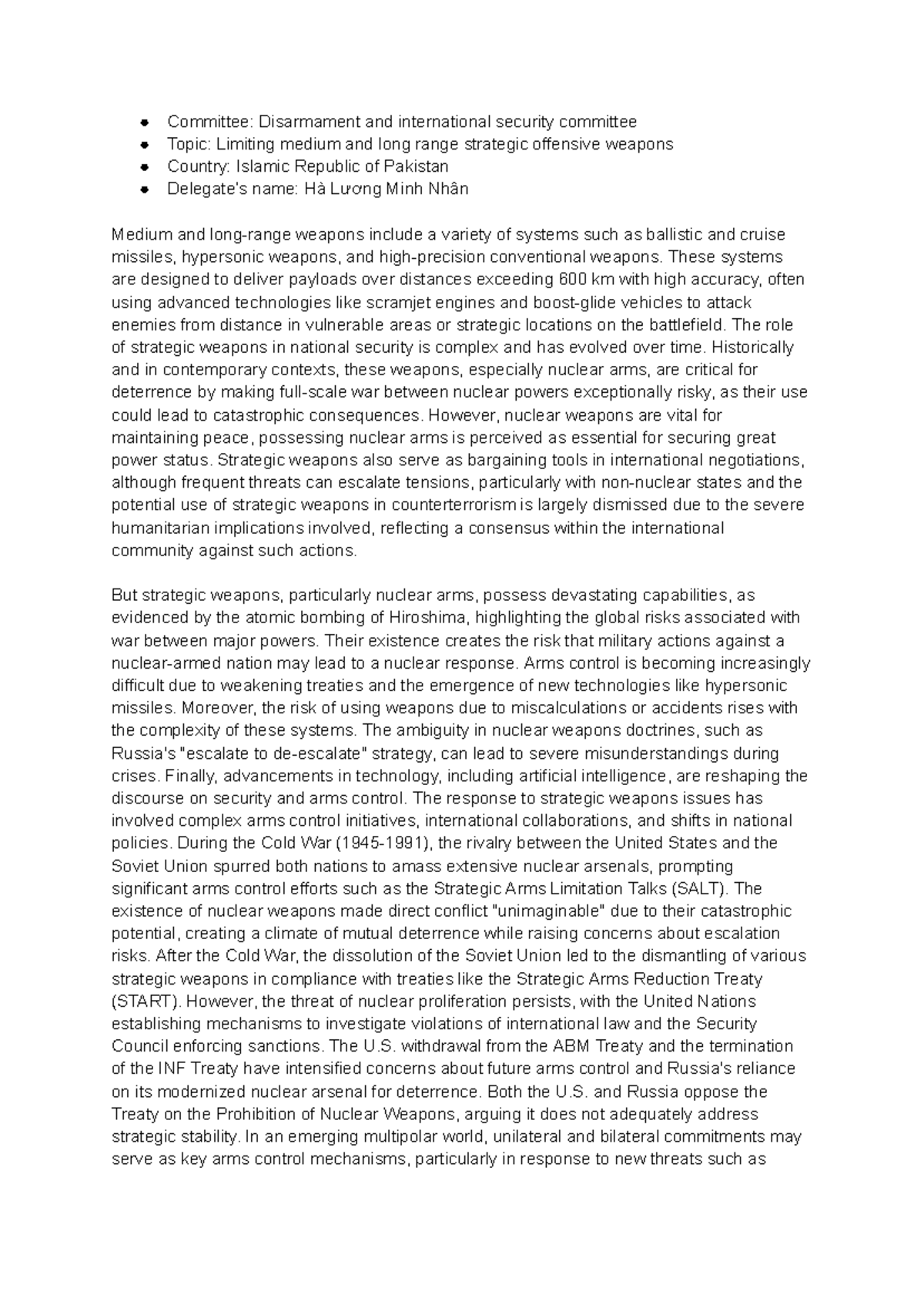 Pakistan Position Paper: Disarmament & Strategic Weapons (UNGA 1st Comm ...