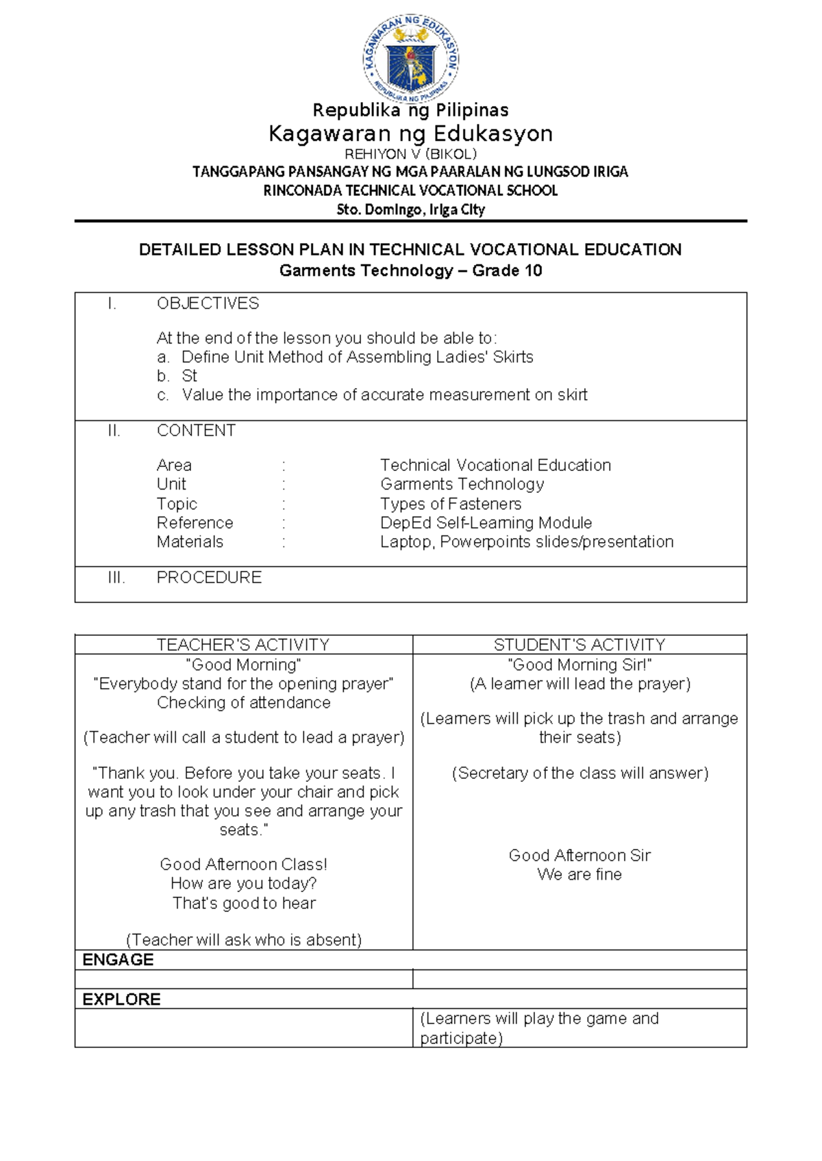 Lesson Plan: Types of Fasteners DLP 10 - Garments Tech Grade 10 - Studocu