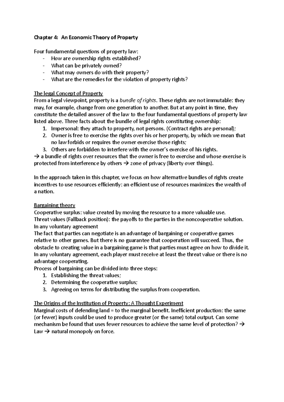 Law and Economics Chapter 4: Economic Theory of Property Rights ...