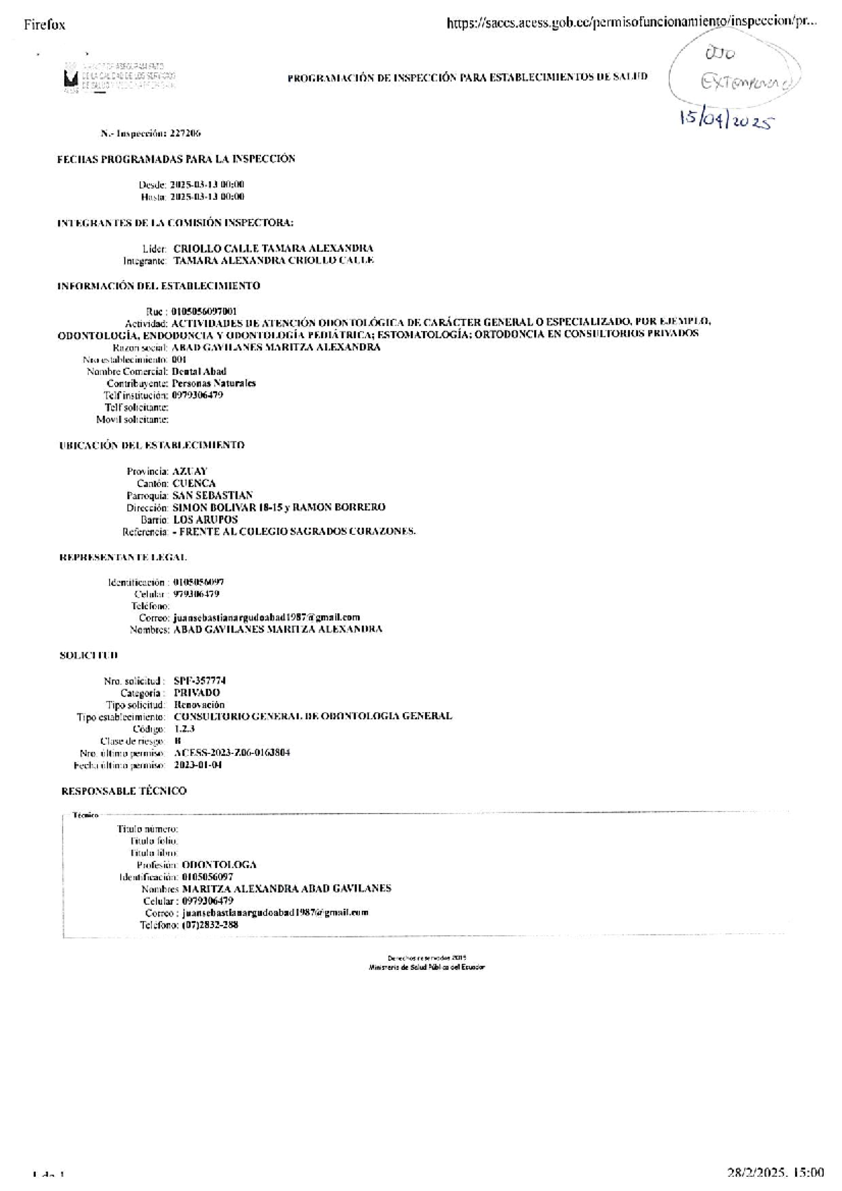 Inspección de establecimiento de salud 0J0: Ficha de primera revisión ...