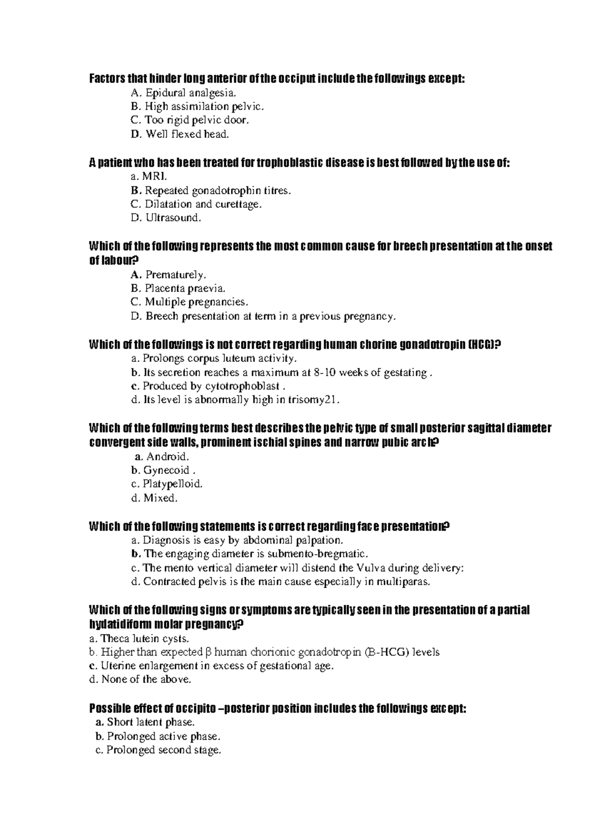 PRACTICE QUESTIONS FOR OBSTETRICS AND GYNECOLOGY (OBG 101) - Studocu