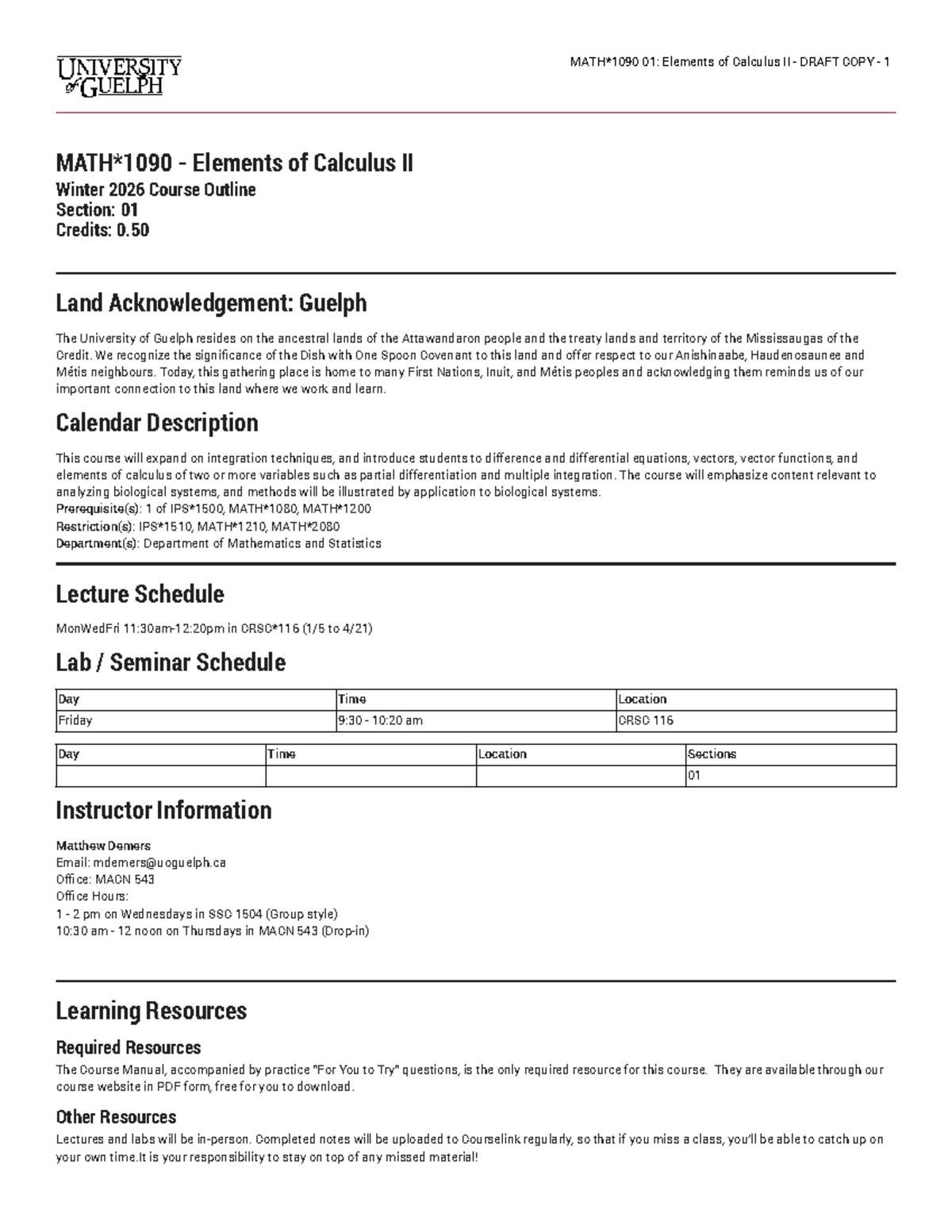 01: Elements of Calculus II - Winter 2026 Course Outline Draft - Studocu