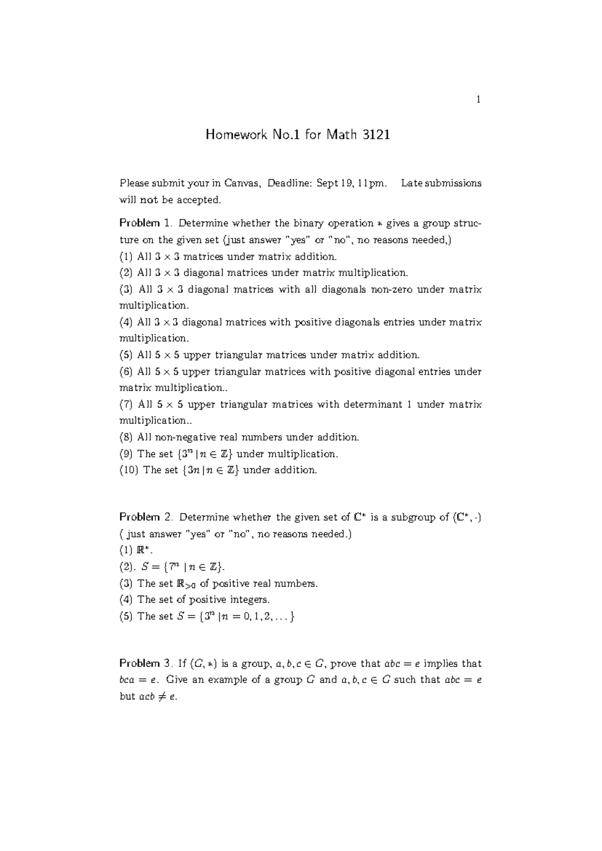 Math 3121 - Homework 1 (HW1) Group Structures and Subgroups - Studocu