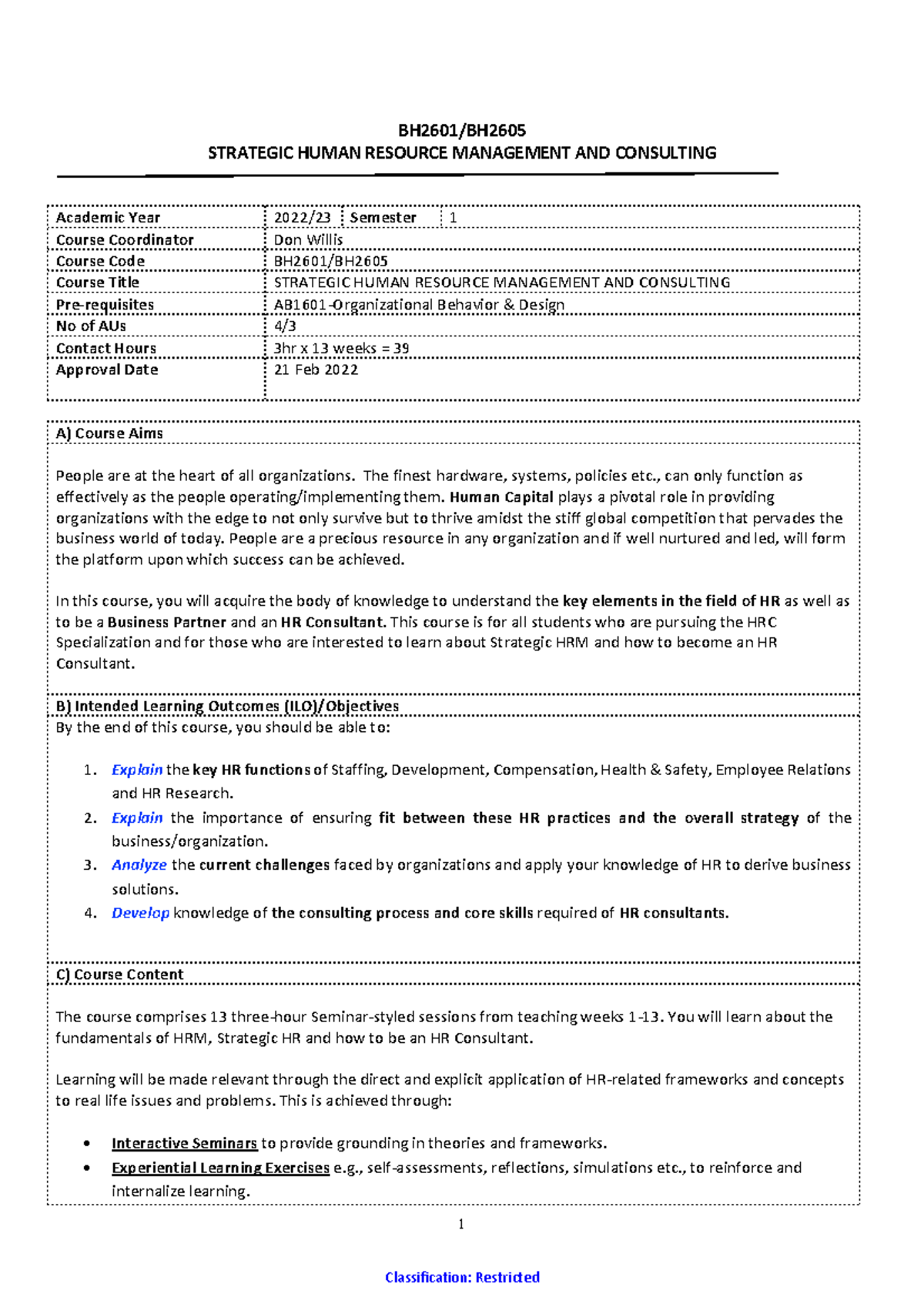 BH2601 Strategic HRM & Consulting Course Outline 2022/23 - Studocu