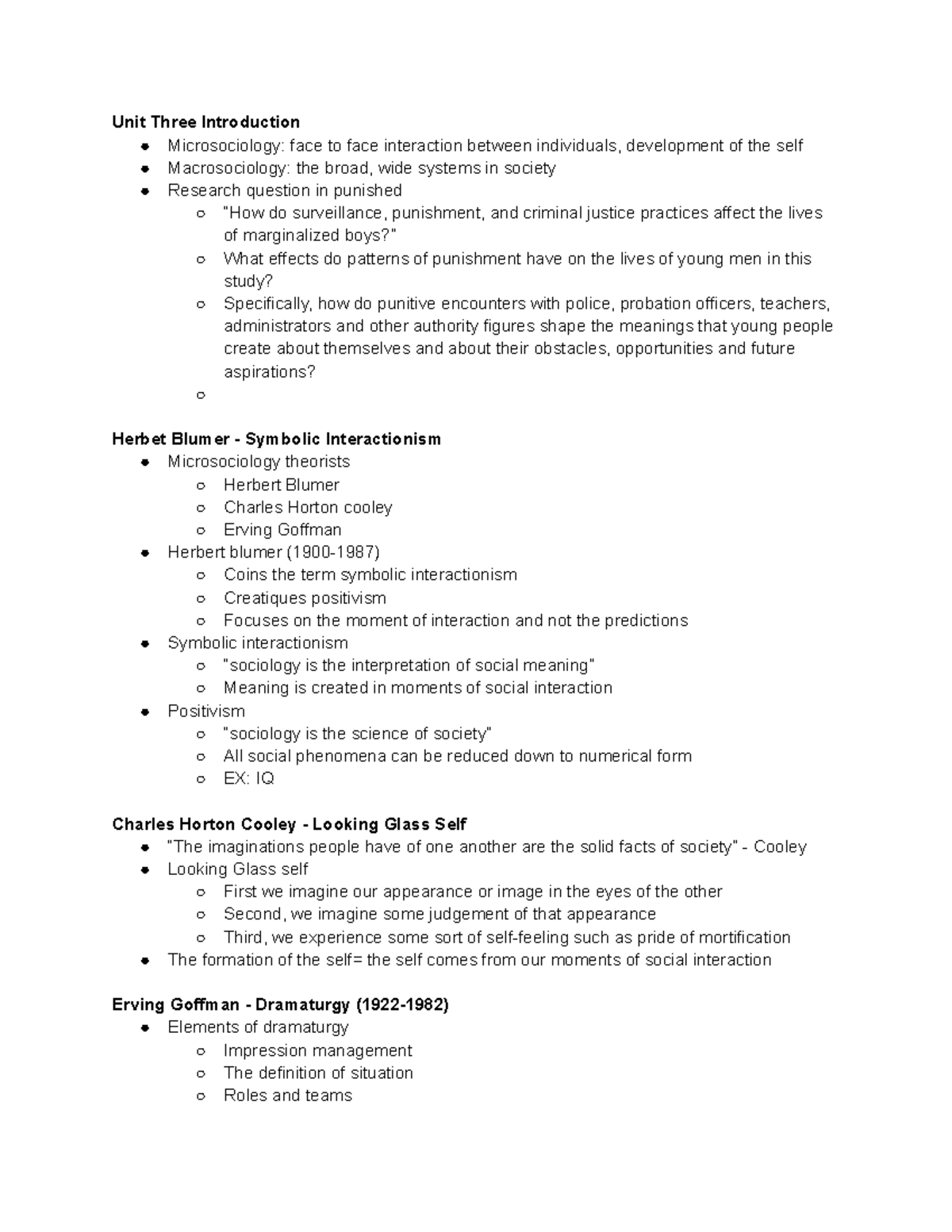 SOC 104 Unit 3 Lecture Notes on Microsociology & Theories of Self - Studocu