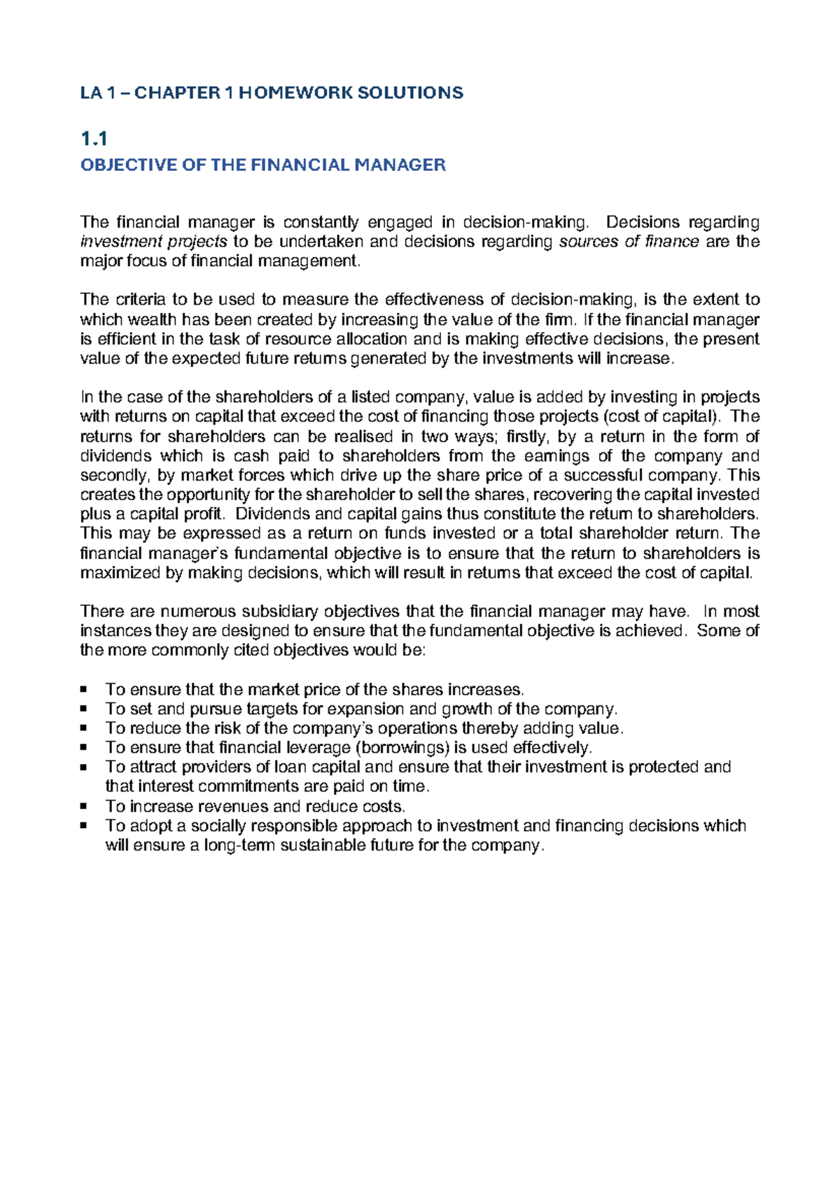 LA 1 CHAPTER 1 FINANCIAL MANAGEMENT HOMEWORK SOLUTIONS - Studocu
