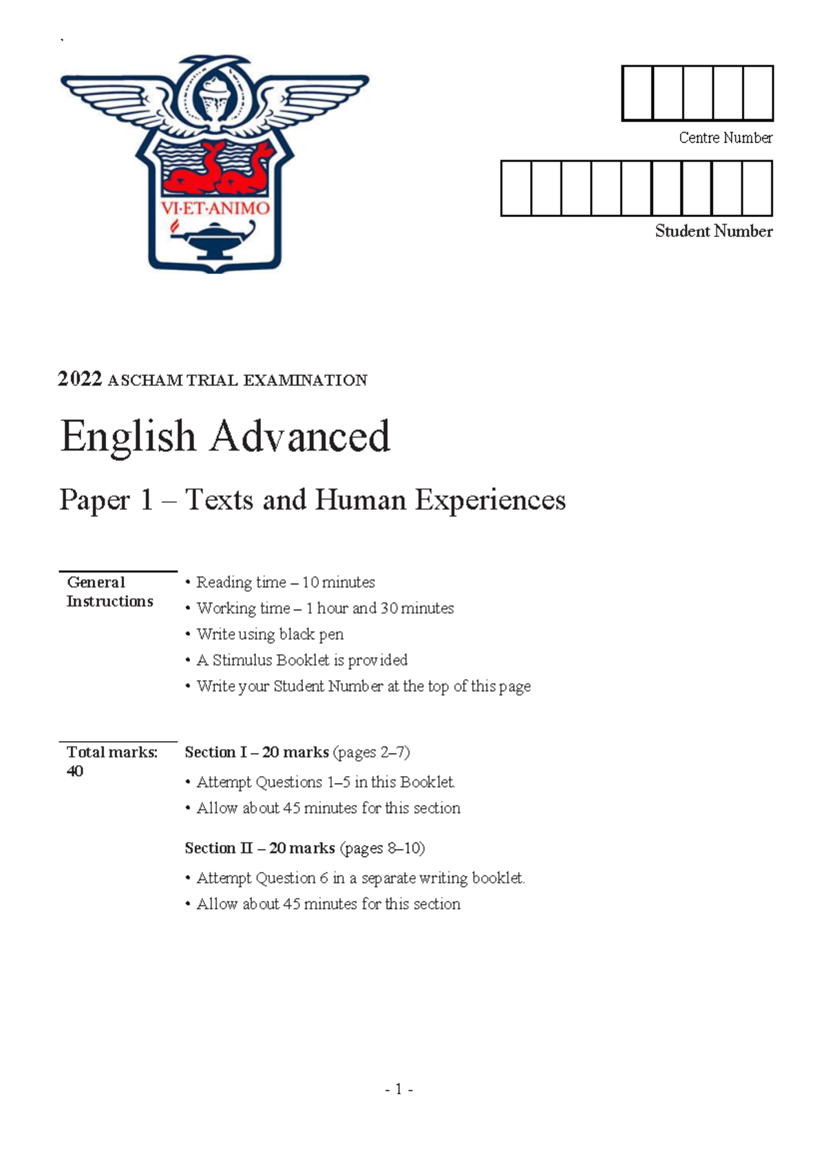 Ascham 2022 English Advanced Trial Exam Paper 1: Texts & Human ...