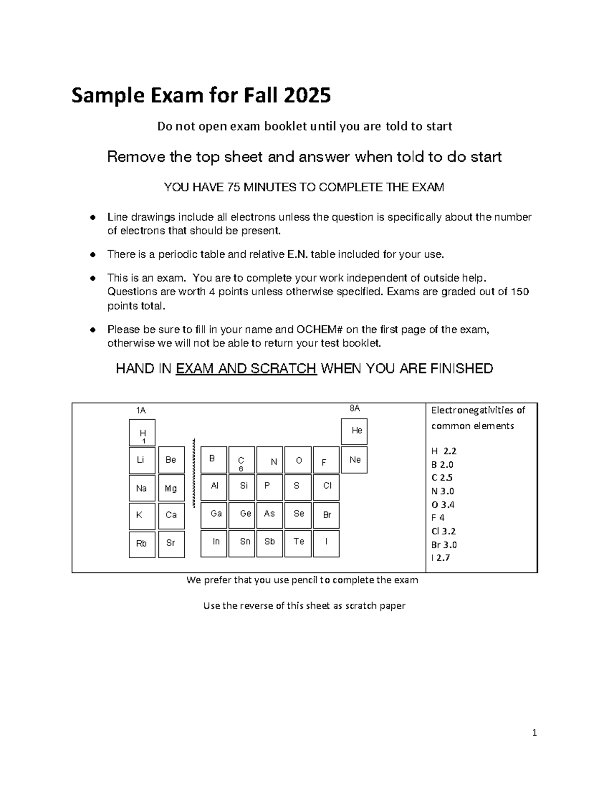 Sample Exam 1 (CHEM101) for Fall 2025: Instructions & Questions - Studocu