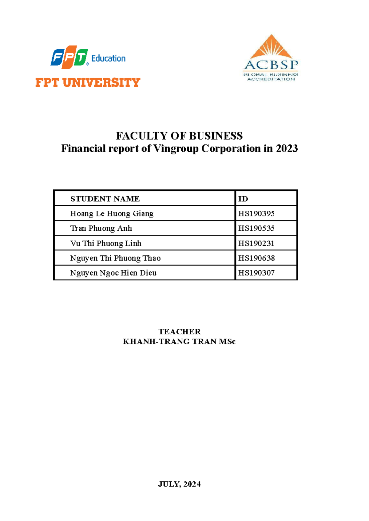 ACC101 - Financial Analysis Report of Vingroup Corporation 2023 - Studocu