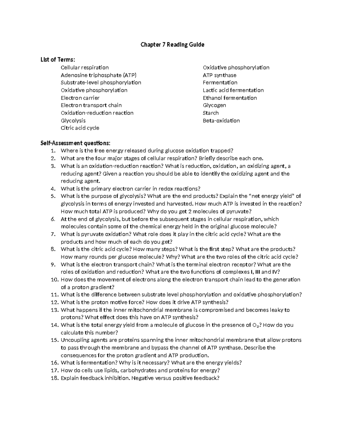 Cellular Respiration: Chapter 7 Study Guide & Key Terms - Studocu