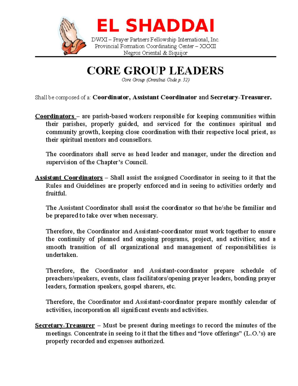CORE Group Leaders Guidelines for EL SHADDAI DWXI PPFI - Studocu